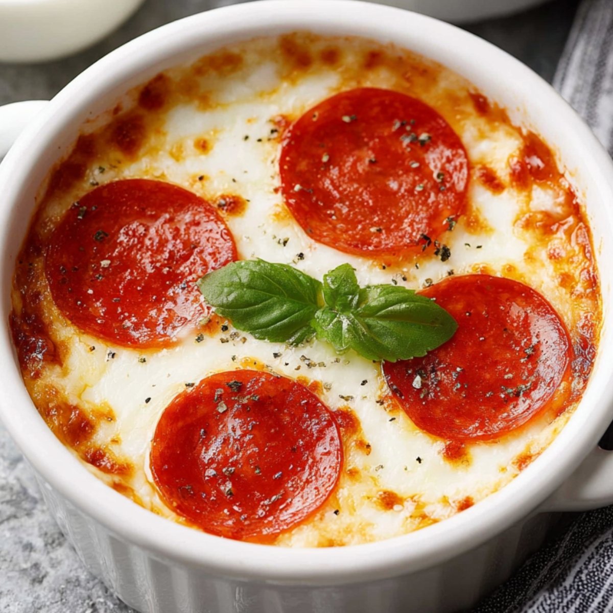 Close-up of a baked individual Cottage Cheese Pizza Bowl in a white ramekin, topped with melted mozzarella, pepperoni slices, and a fresh basil leaf garnish.