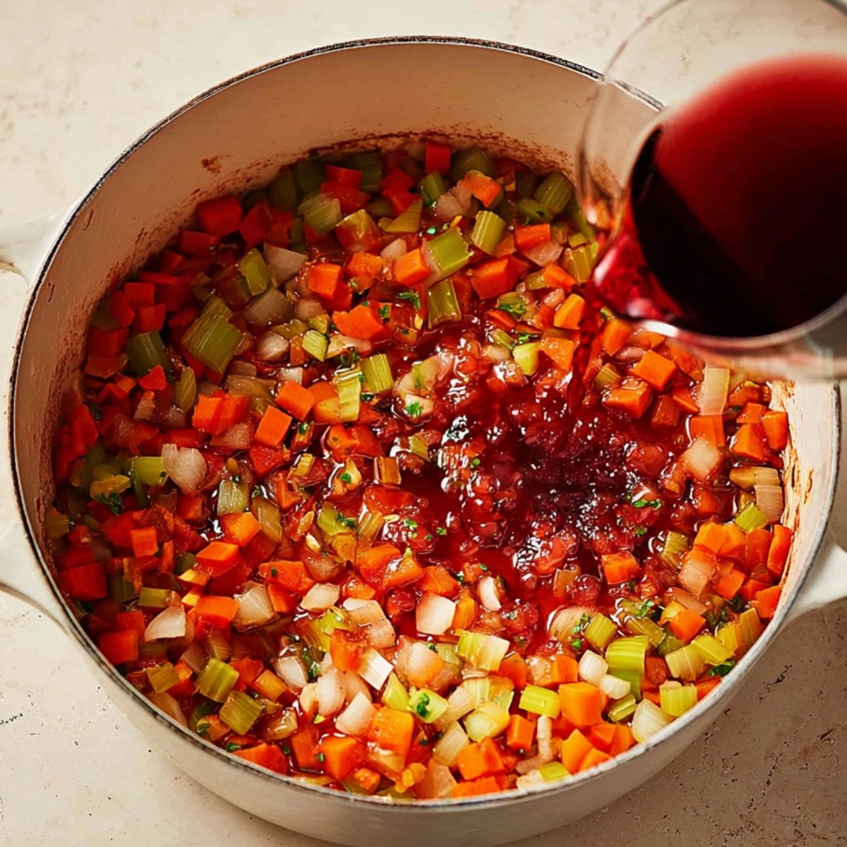 A white Dutch oven filled with diced carrots, celery, and onions. Red wine is being poured into the pot, beginning the deglazing process for a stew or braise.