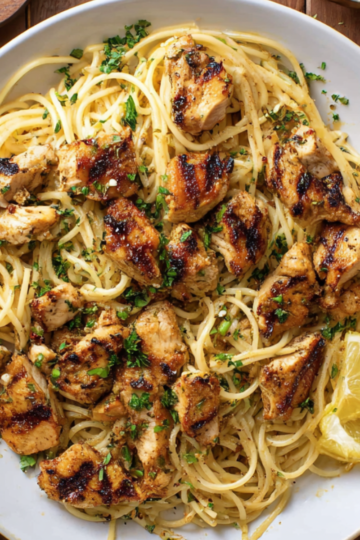 A white serving bowl filled with Cowboy Chicken Pasta topped with browned, bite-sized chicken pieces, garnished with chopped herbs and lemon wedges on the side.