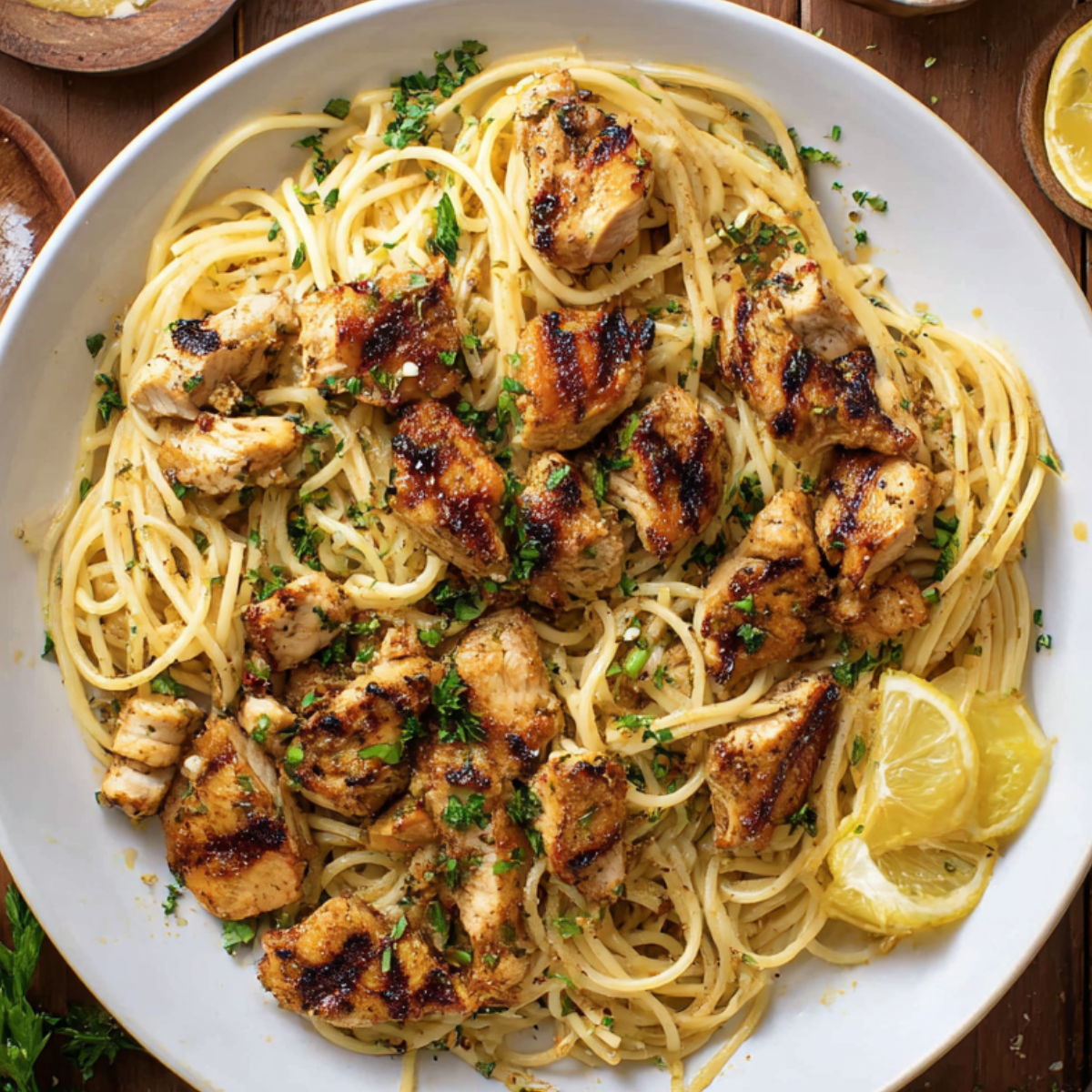 A white serving bowl filled with Cowboy Chicken Pasta topped with browned, bite-sized chicken pieces, garnished with chopped herbs and lemon wedges on the side.