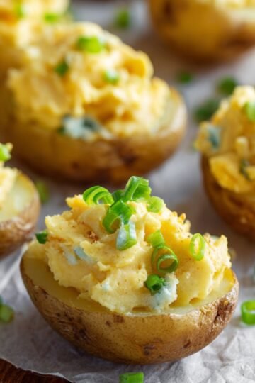 Hollowed Deviled Potatoes halves filled with creamy potato mixture and topped with chopped green onions, served on parchment paper.