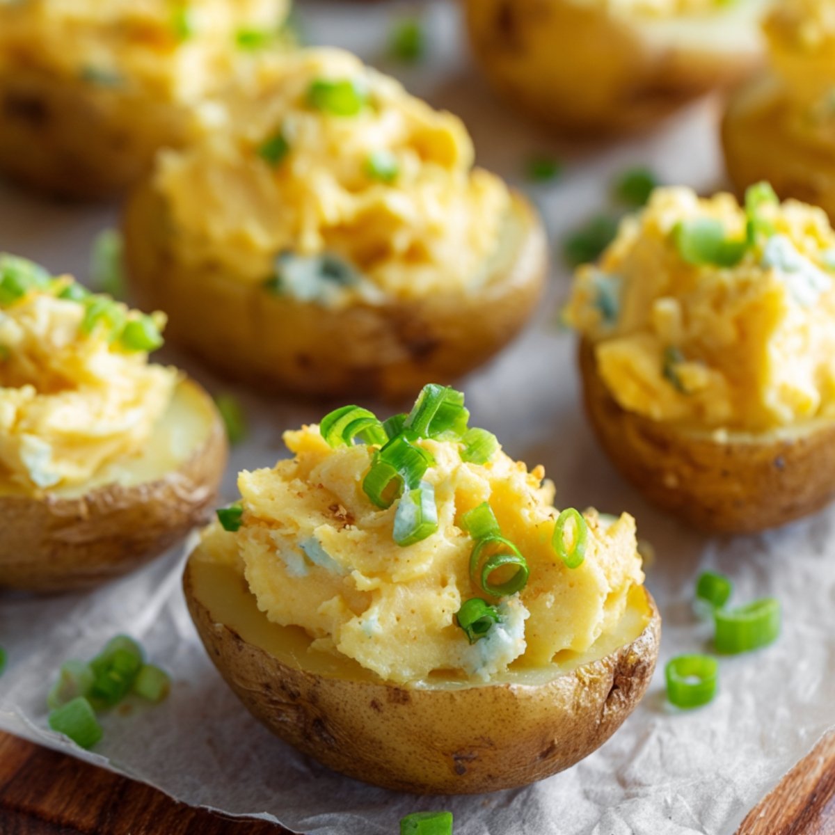 Hollowed Deviled Potatoes halves filled with creamy potato mixture and topped with chopped green onions, served on parchment paper.