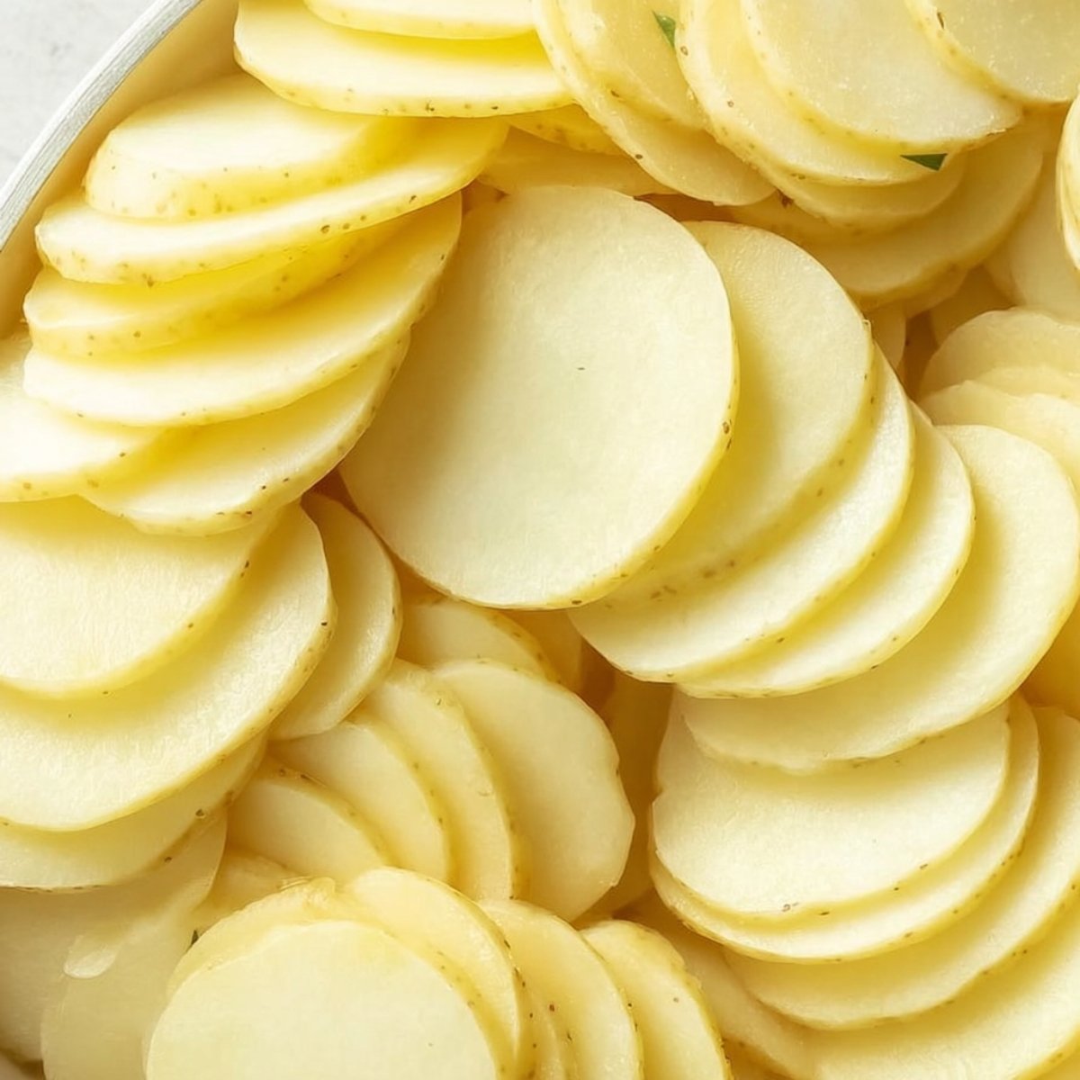 Close-up of thinly sliced raw potatoes, neatly layered, pale yellow color, smooth texture, ready for cooking or baking, overhead view.
