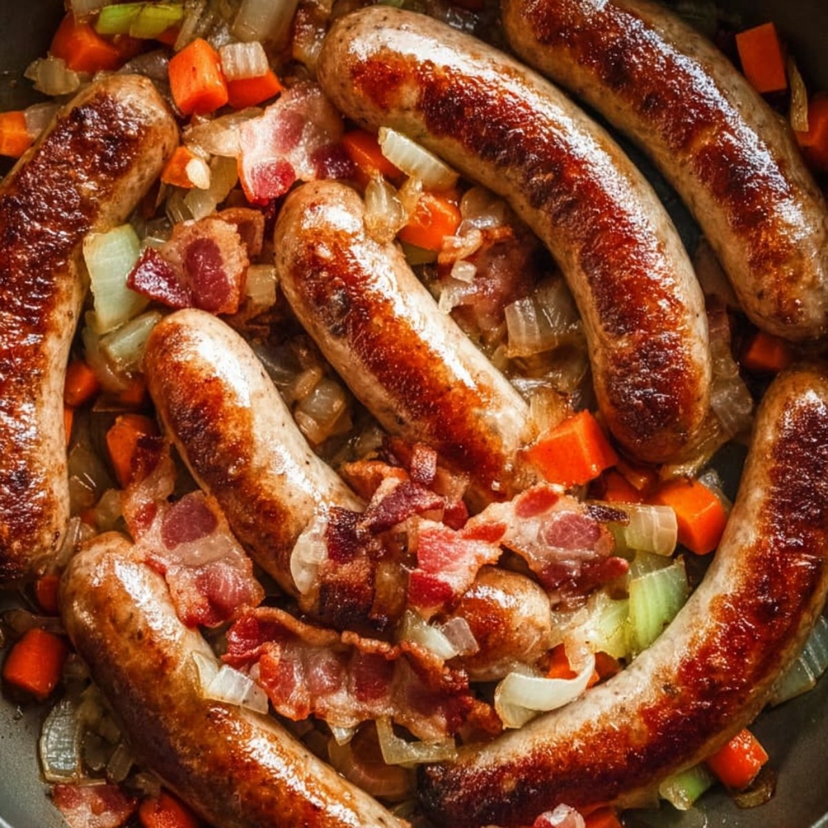 Close-up overhead view of browned sausages in a pan with diced carrots, onions, and pieces of bacon, glistening with juices, showing a hearty and savory dish.