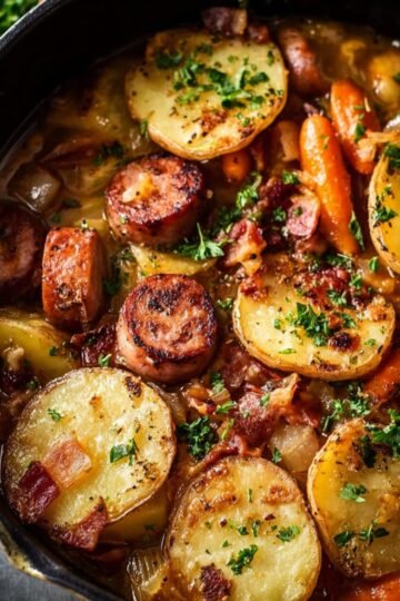 A hearty Dublin Coddle in a pan, featuring browned sausages, sliced potatoes, carrots, and bacon, garnished with chopped parsley, with a rich, savory broth, overhead view.