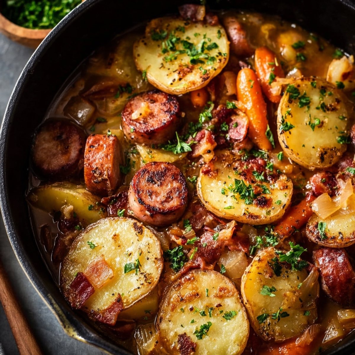 A hearty Dublin Coddle in a pan, featuring browned sausages, sliced potatoes, carrots, and bacon, garnished with chopped parsley, with a rich, savory broth, overhead view.