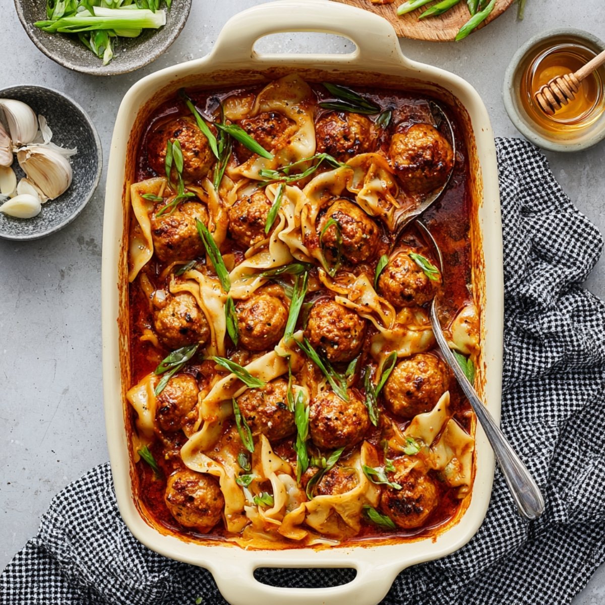 Baked meatballs and Dumpling Bakein a creamy sauce, garnished with chopped green onions, served in a white rectangular baking dish