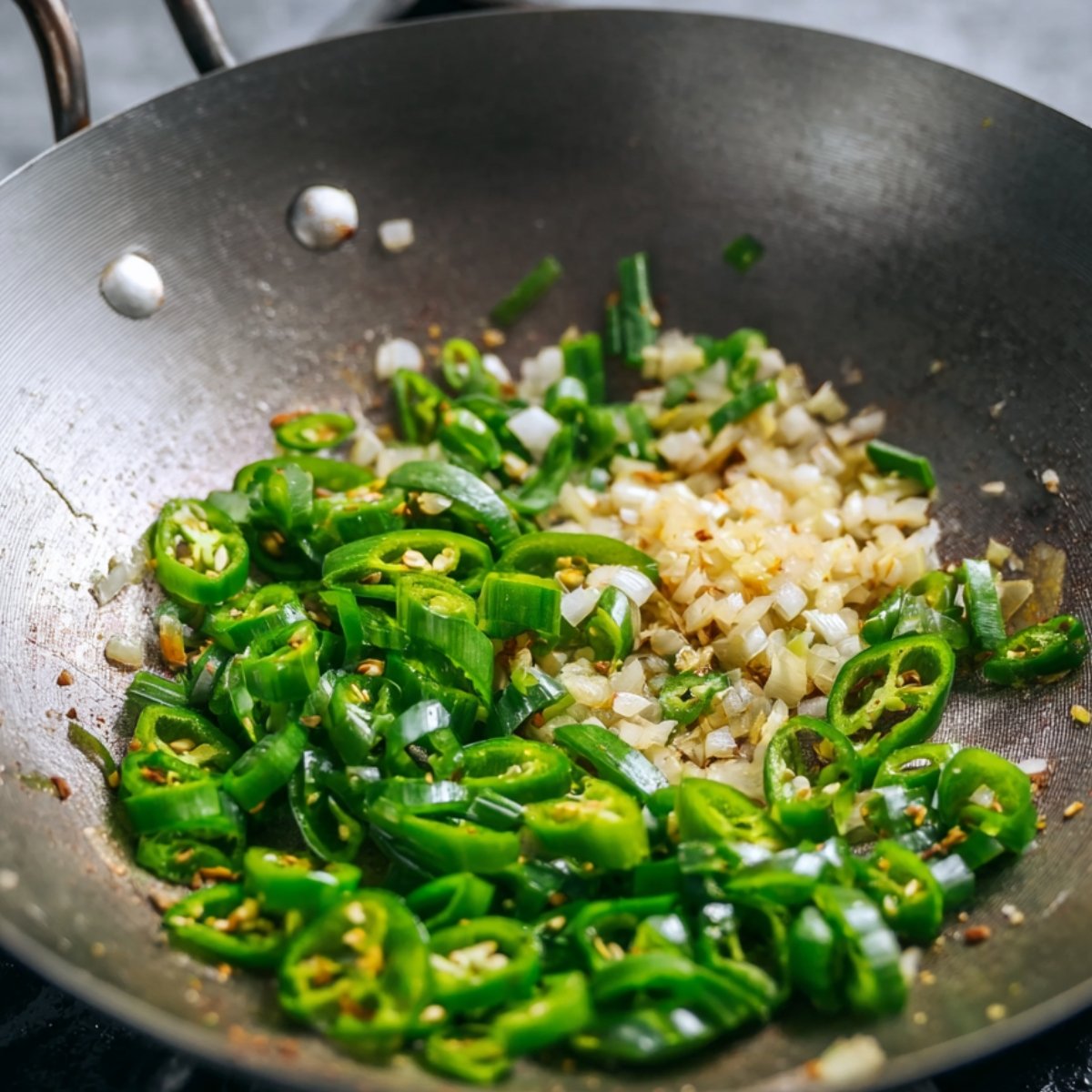 Sliced green chilies and chopped onions being stir-fried in a wok