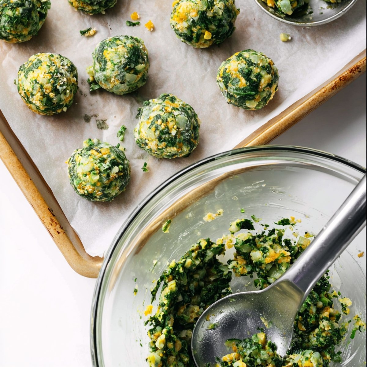 Raw spinach and cheese mixture rolled into small, uniform balls placed on a parchment-lined baking sheet, ready to bake.