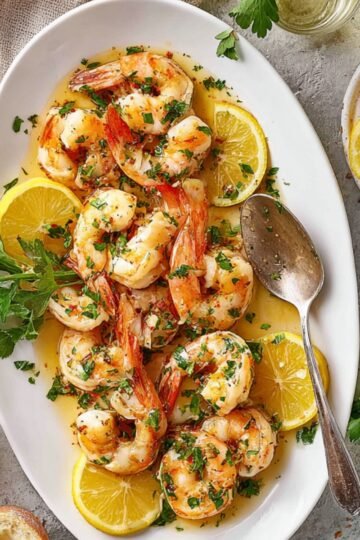 A white serving platter with fully cooked garlic butter shrimp scampi, garnished with fresh parsley and lemon slices, with pieces of bread on the side.