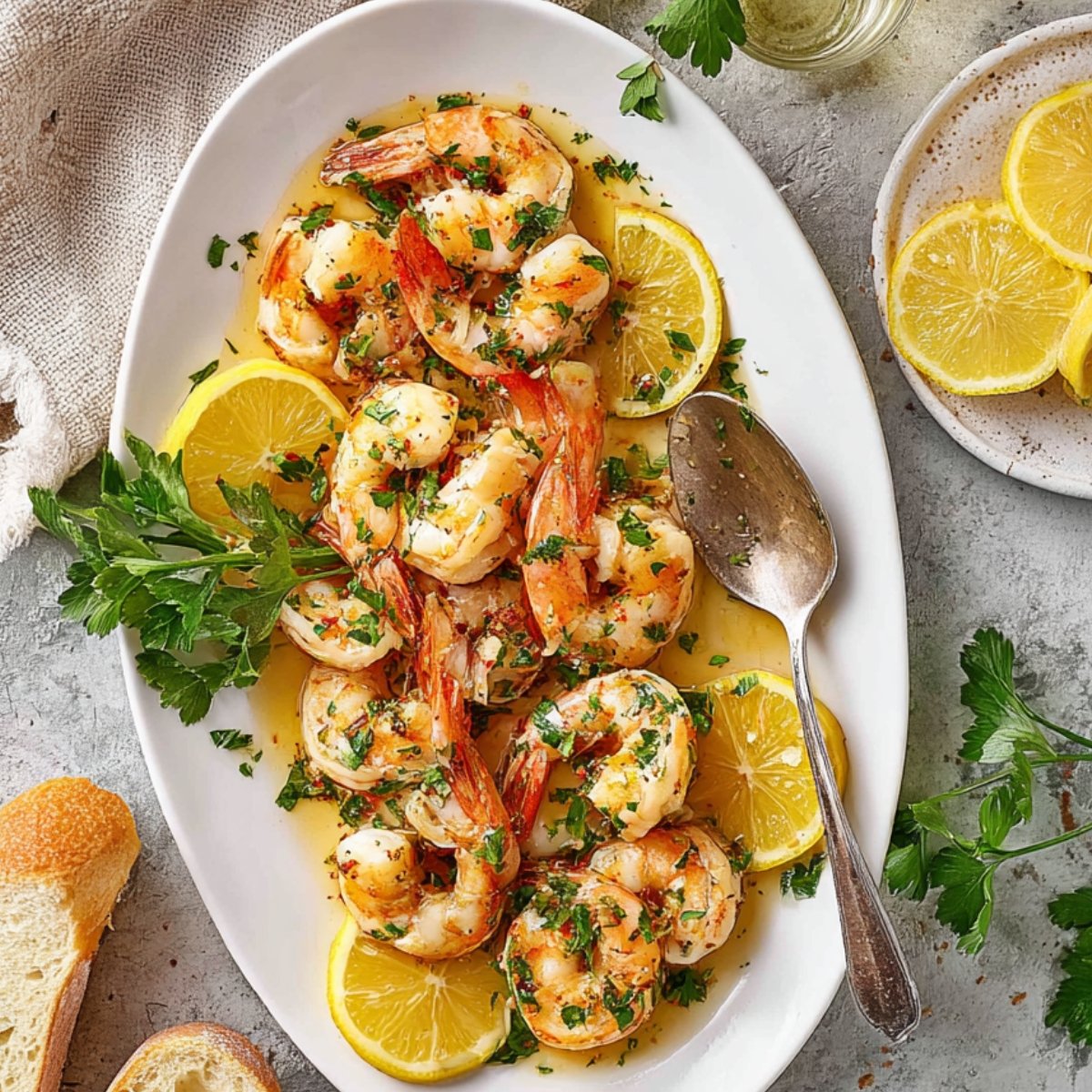 A white serving platter with fully cooked garlic butter shrimp scampi, garnished with fresh parsley and lemon slices, with pieces of bread on the side.