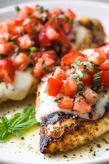 A plate with two pieces of Grilled Bruschetta Chicken breast topped with melted mozzarella cheese and fresh bruschetta (diced tomatoes and basil), garnished with a basil leaf on the side.