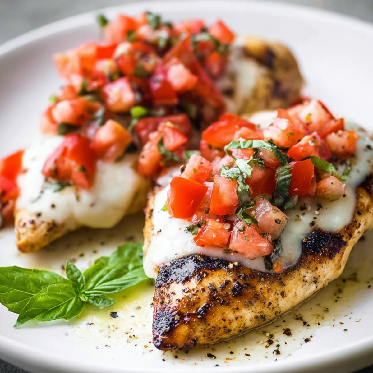 A plate with two pieces of Grilled Bruschetta Chicken breast topped with melted mozzarella cheese and fresh bruschetta (diced tomatoes and basil), garnished with a basil leaf on the side.