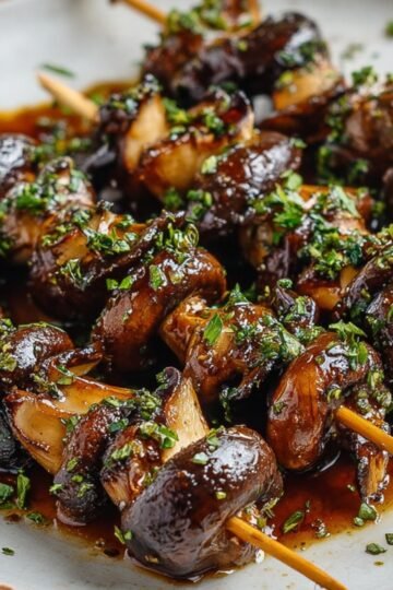 Grilled mushroom skewers on a plate, glazed with marinade and garnished with finely chopped fresh herbs.