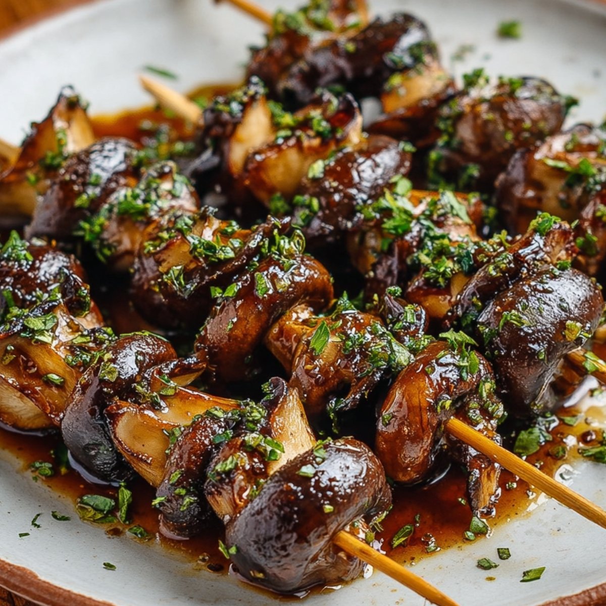 Grilled mushroom skewers on a plate, glazed with marinade and garnished with finely chopped fresh herbs.