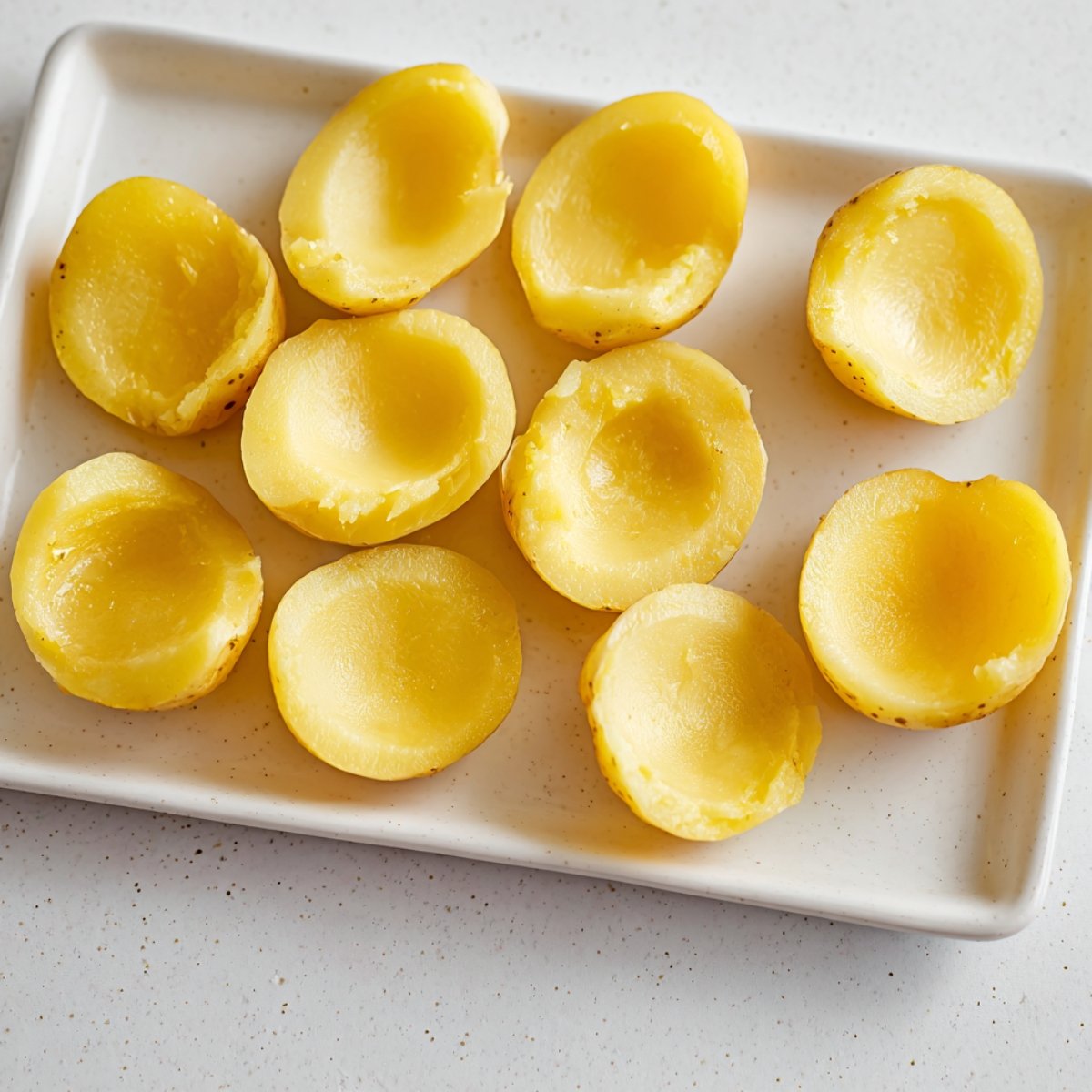 Halved boiled potatoes with the centers scooped out, arranged on a rectangular white plate, ready to be filled.