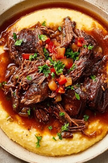 A bowl of Italian-style pot roast served over creamy polenta. The shredded beef is topped with a rich brown sauce and diced vegetables, garnished with fresh parsley.