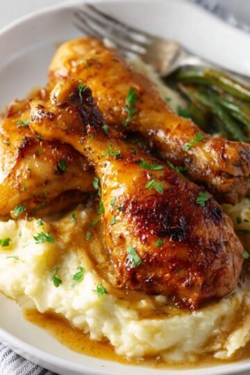 Juicy Baked Chicken Legs served over creamy mashed potatoes with green beans on the side, garnished with fresh parsley.