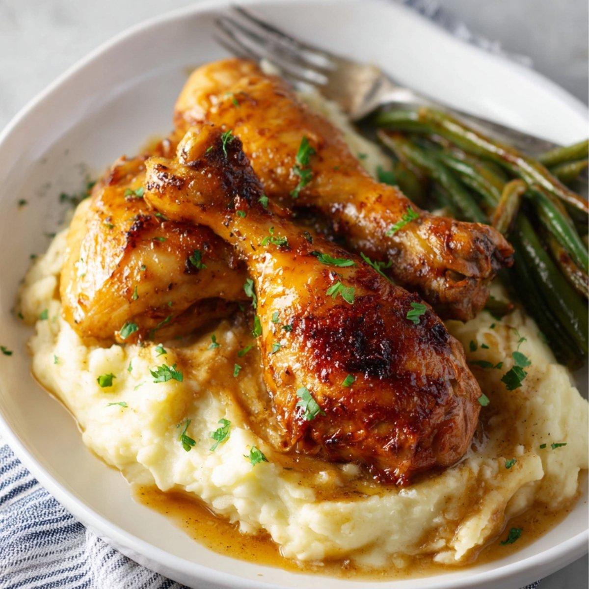 Juicy Baked Chicken Legs served over creamy mashed potatoes with green beans on the side, garnished with fresh parsley.