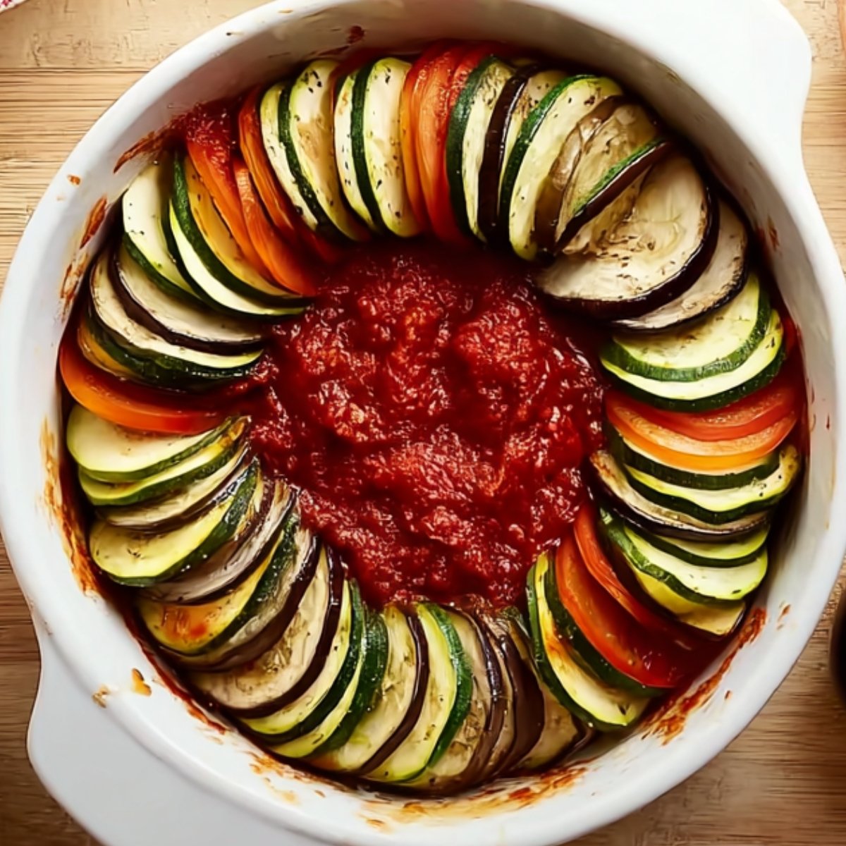 Thinly sliced vegetables including zucchini, eggplant, and red bell pepper layered in a circular pattern in a white oval baking dish over a tomato sauce base