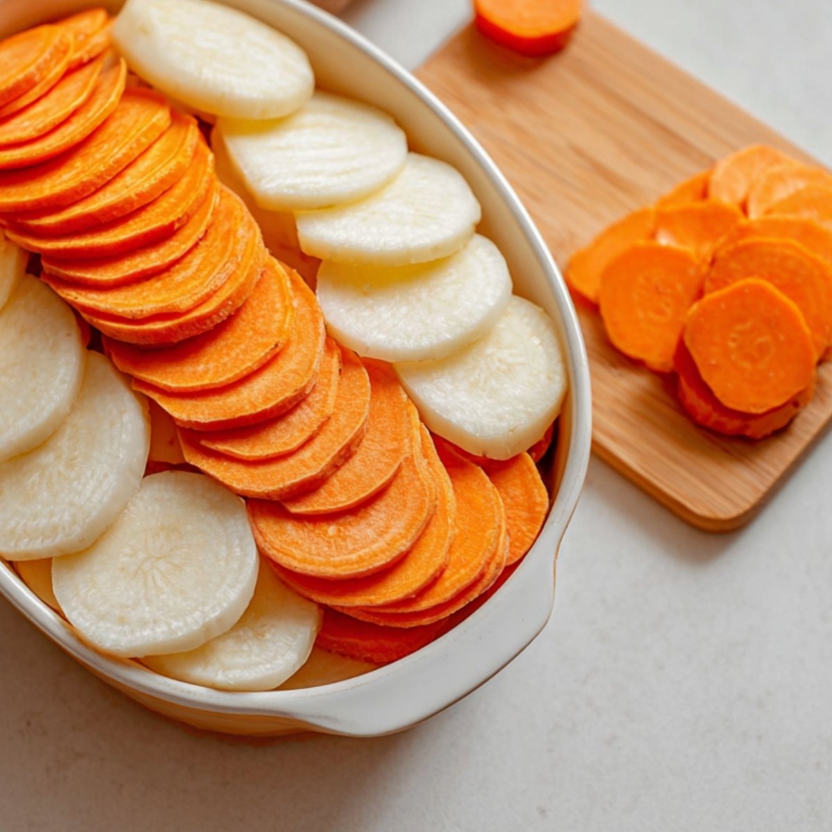 Close-up of alternating slices of orange sweet potatoes and white potatoes neatly layered in an oval baking dish with extra slices on a cutting board next to it