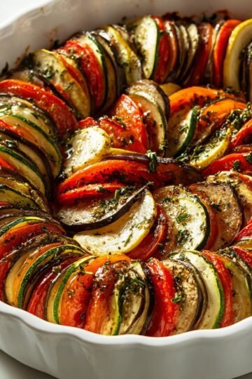 Baked ratatouille in a white oval dish with neatly arranged layers of zucchini, eggplant, yellow squash, and red bell pepper, seasoned with herbs and olive oil
