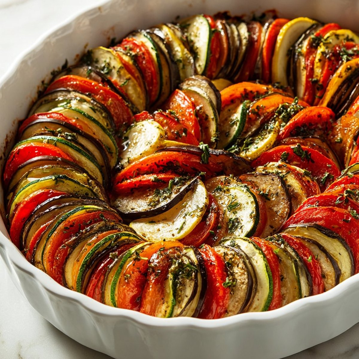 Baked ratatouille in a white oval dish with neatly arranged layers of zucchini, eggplant, yellow squash, and red bell pepper, seasoned with herbs and olive oil