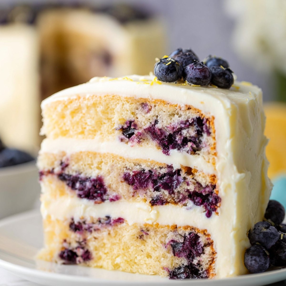 Slice of layered lemon blueberry cake on a plate, with frosting between layers and fresh blueberries on top