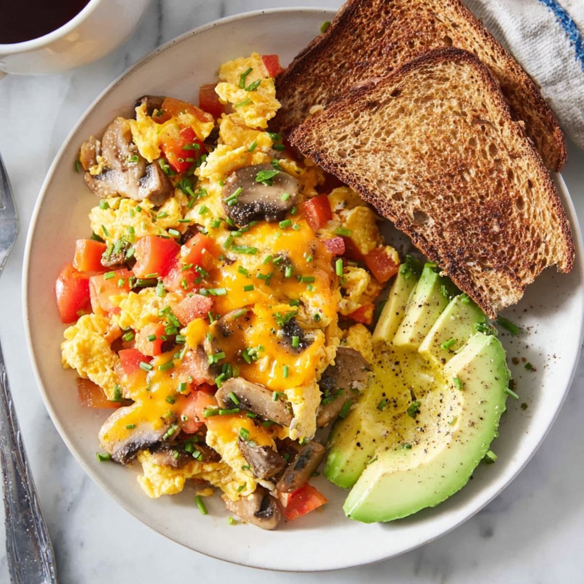 A plate of Loaded Scrambled Eggs mixed with mushrooms, diced tomatoes, and melted cheddar cheese, served with sliced avocado and two pieces of toasted whole-grain bread, garnished with chopped chives.