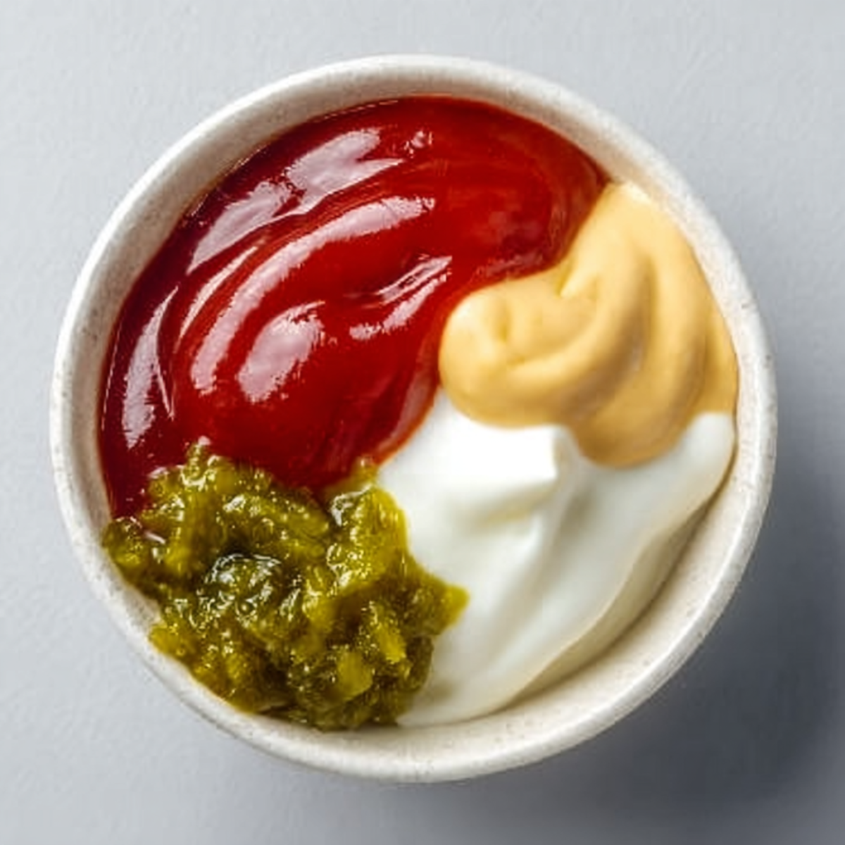 A small round bowl containing four condiments arranged in quadrants: red ketchup, yellow mustard, white mayonnaise, and green relish.