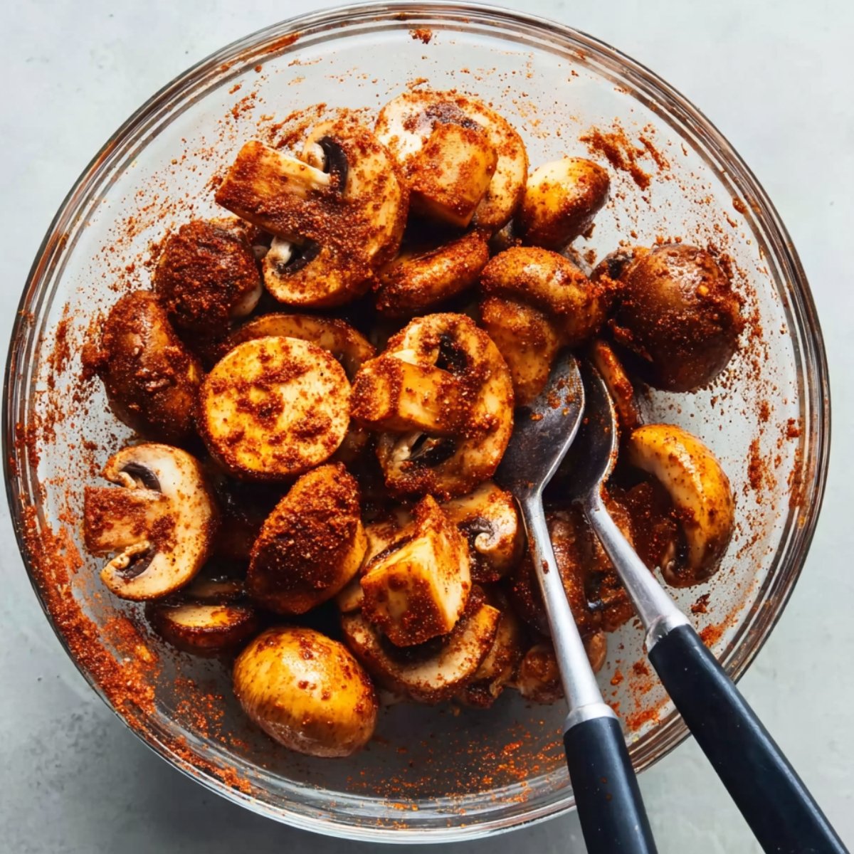 A glass bowl of whole and halved mushrooms coated in a dark, spicy marinade with visible paprika and seasonings, with tongs resting inside.