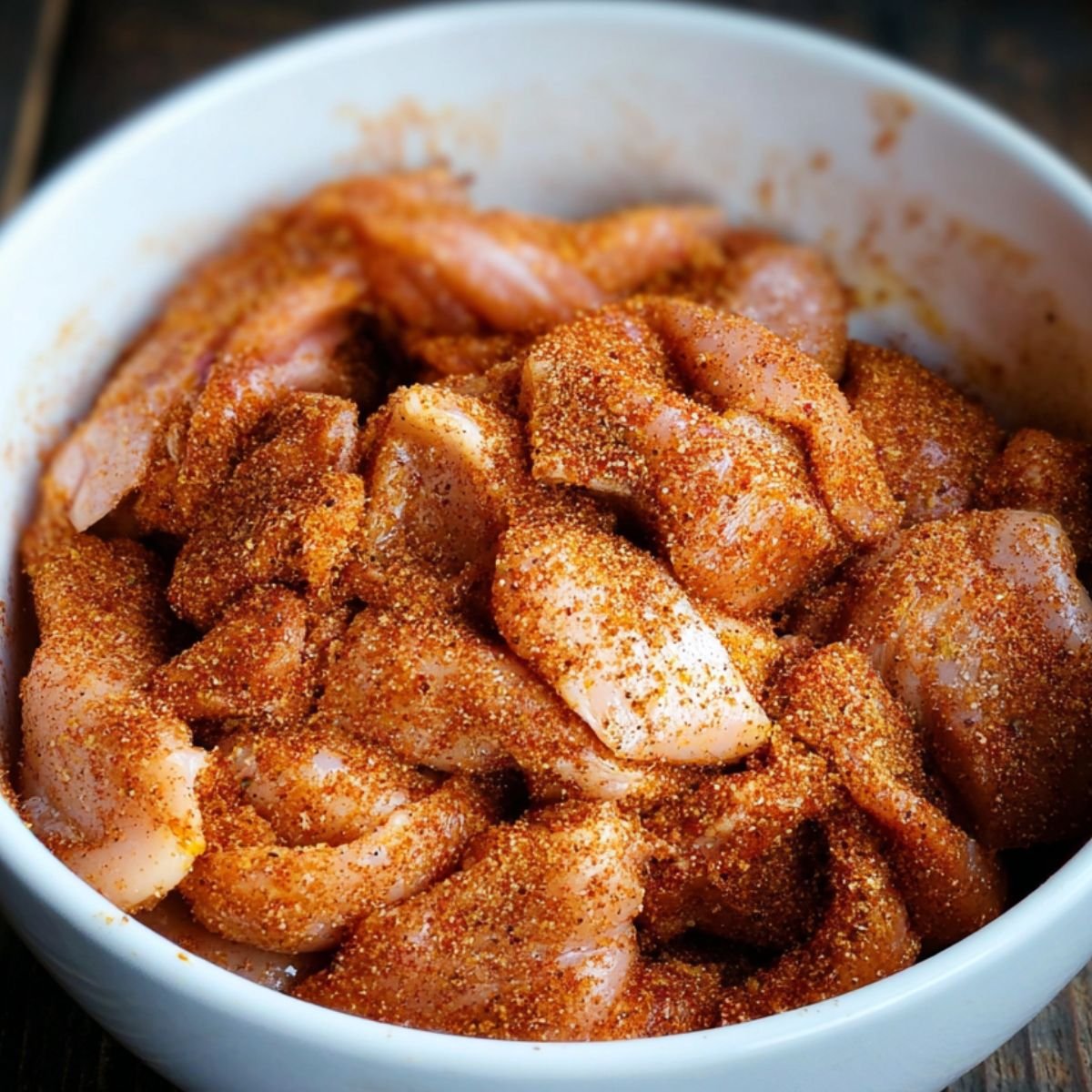 A white bowl containing raw chicken strips coated in a reddish-brown spice marinade, ready for cooking.