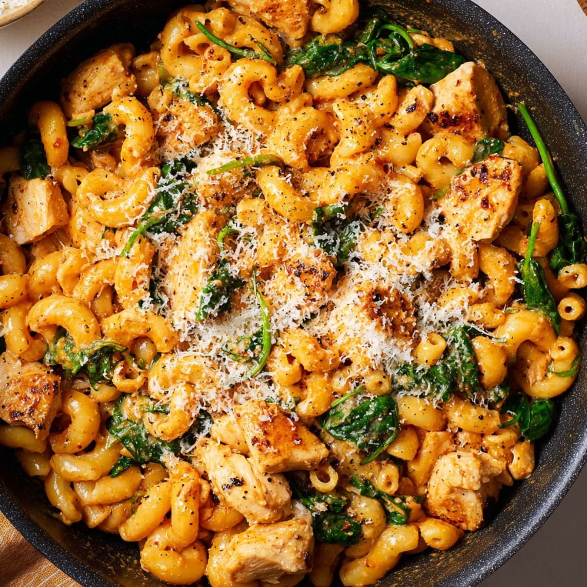 A skillet of creamy pasta with Marry Me Chicken Pasta and spinach, topped with grated cheese and freshly cracked black pepper, showing a hearty, golden pasta dish ready to serve.