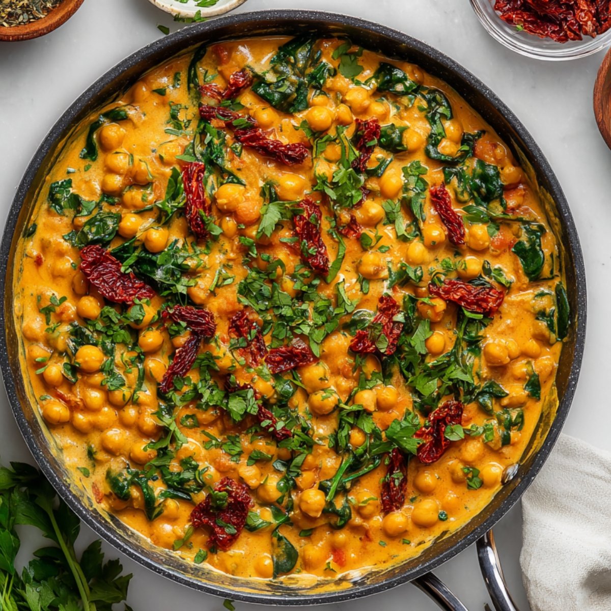 Creamy Marry Me Chickpeas curry with spinach and sun-dried tomatoes served in a skillet, garnished with fresh herbs
