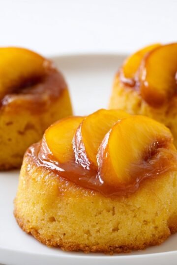 Three mini peach upside-down cakes on a white plate, each topped with caramelized peach slices and golden-brown cake