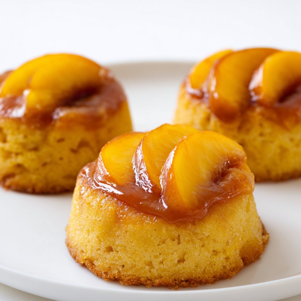 Three mini peach upside-down cakes on a white plate, each topped with caramelized peach slices and golden-brown cake