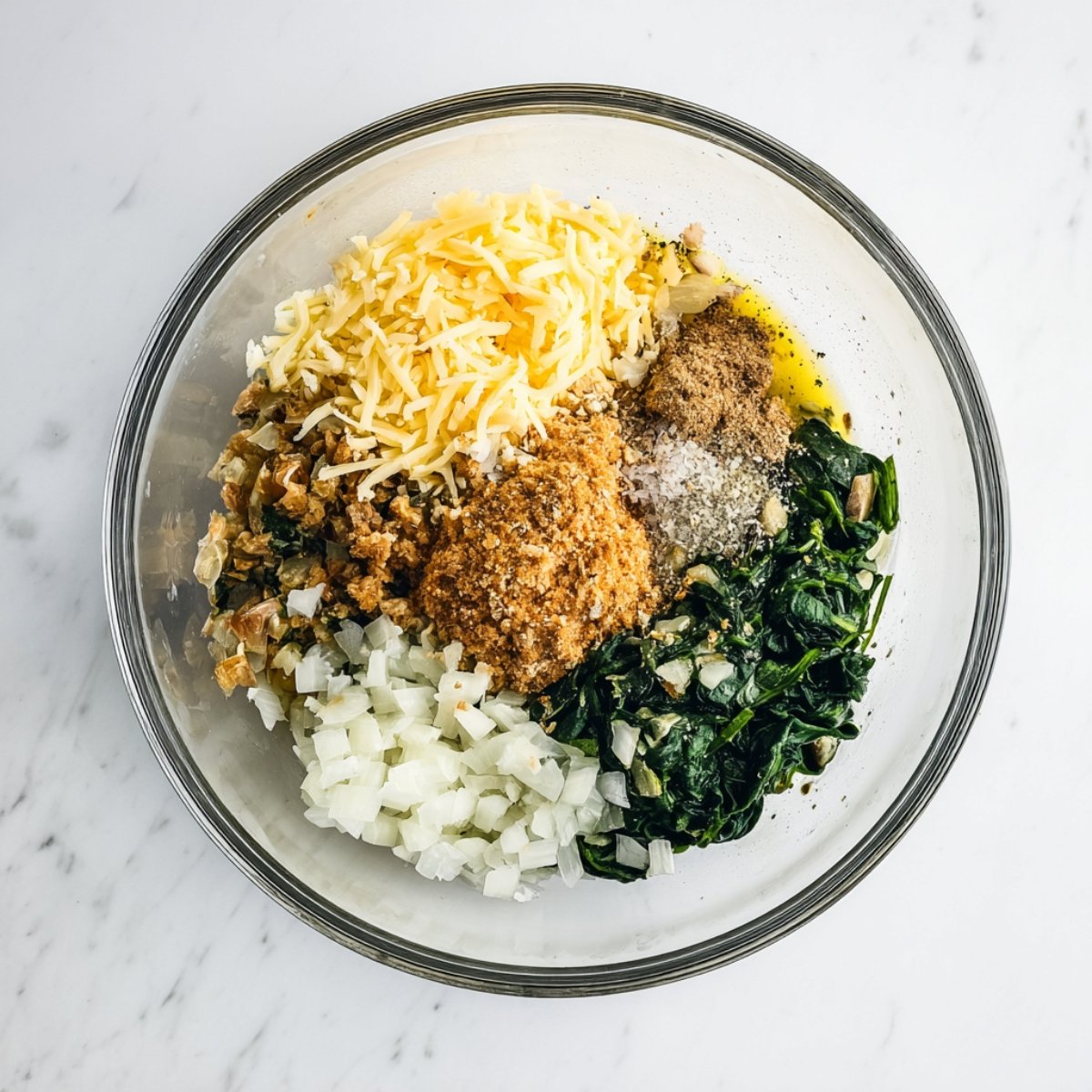 A glass mixing bowl containing chopped onions, cooked spinach, shredded cheese, breadcrumbs, and seasonings, with a spoon partially submerged in the mixture.