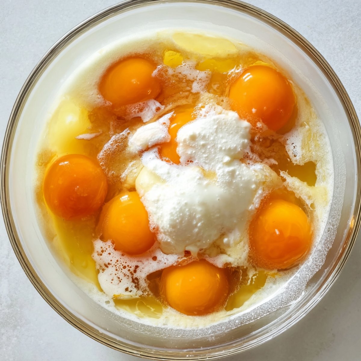 A glass bowl with raw eggs, yogurt, and other ingredients combined, ready to be mixed for a baked yogurt dessert.