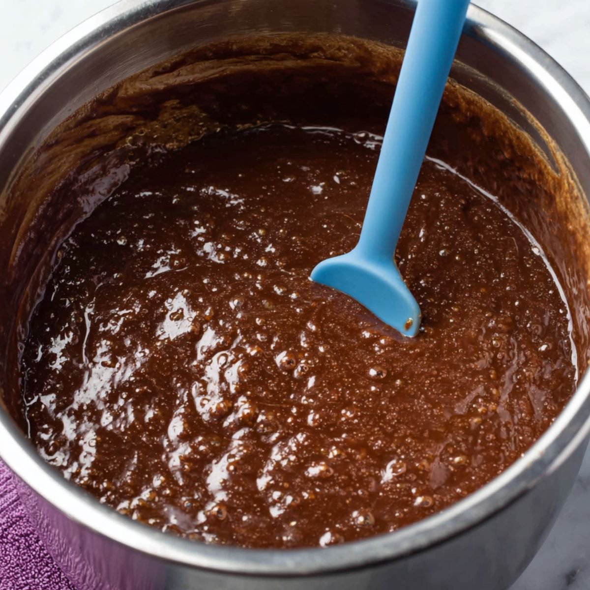 Close-up of a stainless steel mixing bowl filled with a thick, chocolate-colored mixture, being stirred with a blue spatula.