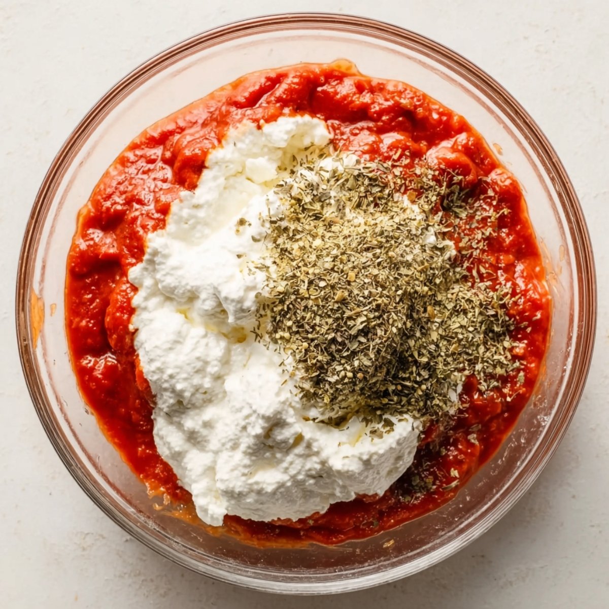 Close-up of a glass mixing bowl containing tomato sauce, ricotta, and dried herbs, unblended, showing a vibrant red and white contrast.