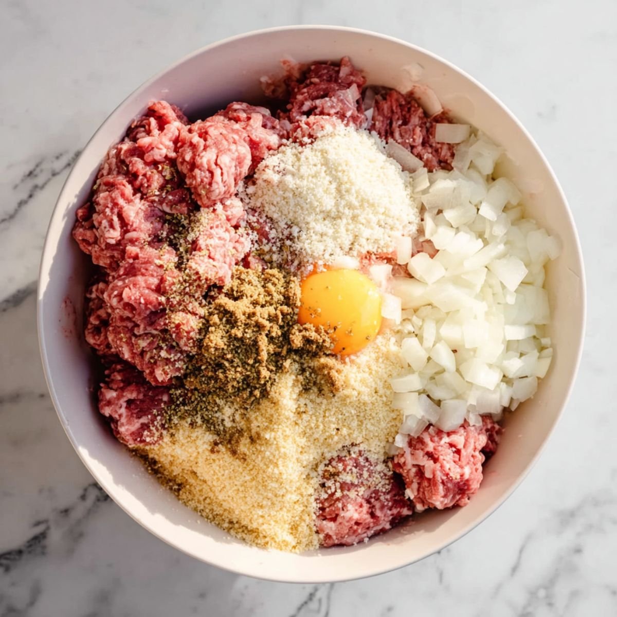 Overhead view of a white mixing bowl filled with raw ground meat, an egg, chopped onions, breadcrumbs, and seasonings ready to be combined for meatballs.