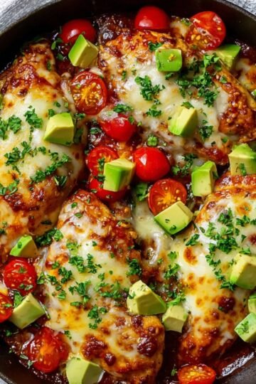 Cooked Monterey Chicken Skillet in a skillet topped with melted cheese, diced avocado, halved cherry tomatoes, and chopped parsley
