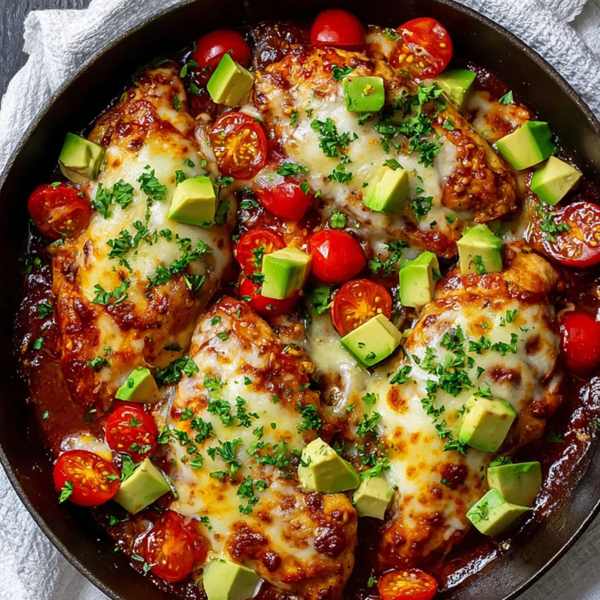 Cooked Monterey Chicken Skillet in a skillet topped with melted cheese, diced avocado, halved cherry tomatoes, and chopped parsley