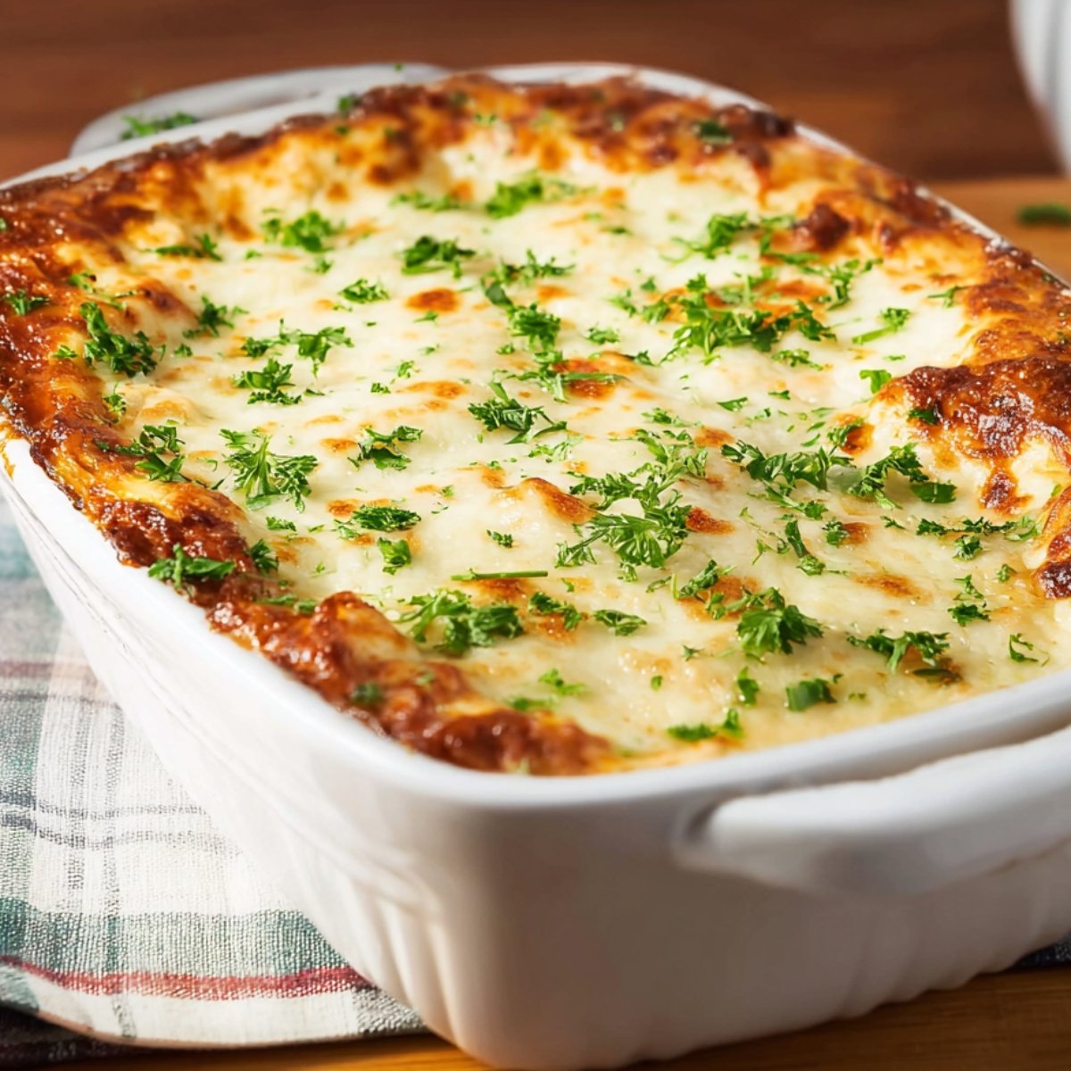A baked mushroom spinach lasagna in a white casserole dish, topped with melted golden-brown cheese and garnished with chopped parsley.
