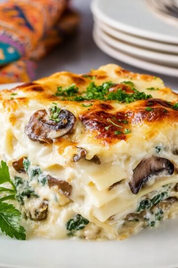 A close-up of a slice of mushroom spinach lasagna on a plate, showing layers of pasta, creamy sauce, mushrooms, spinach, and melted cheese, garnished with fresh parsley.