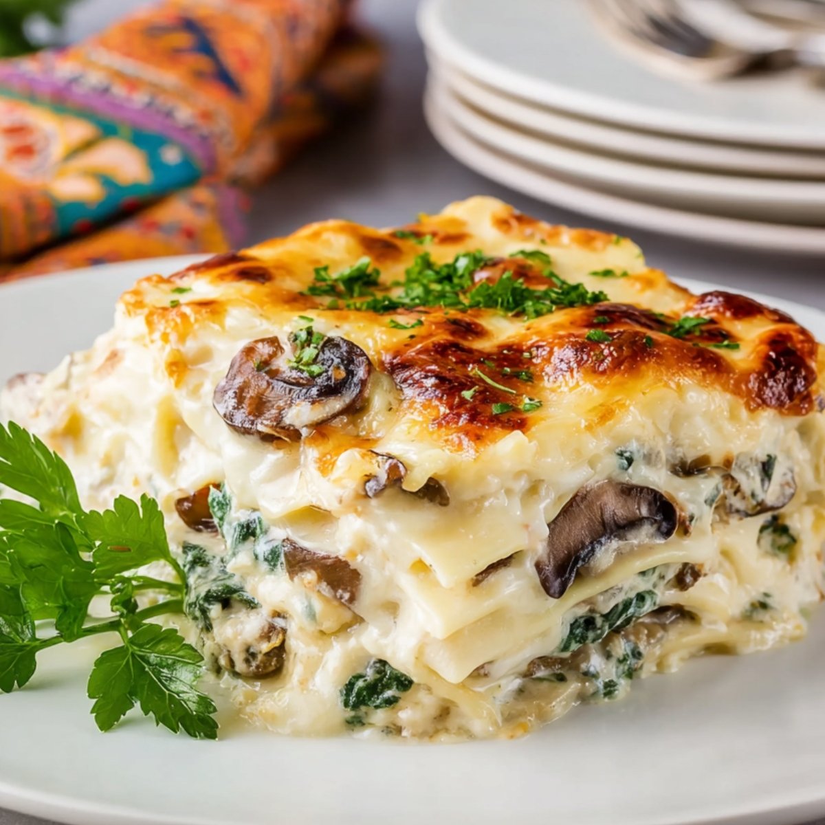 A close-up of a slice of mushroom spinach lasagna on a plate, showing layers of pasta, creamy sauce, mushrooms, spinach, and melted cheese, garnished with fresh parsley.