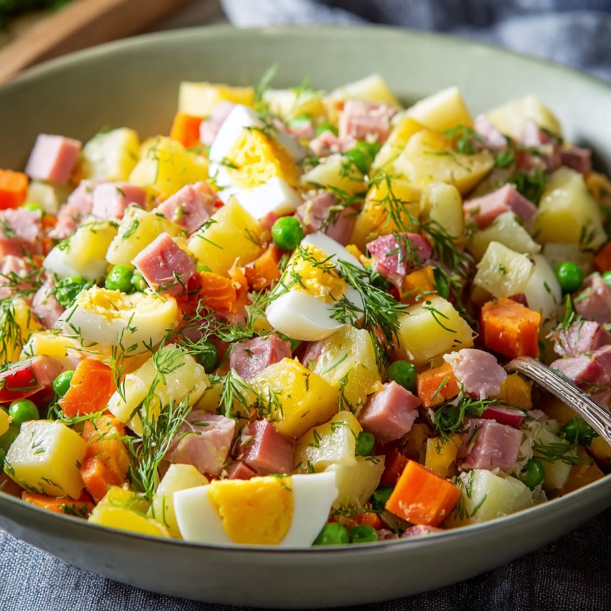 Close-up of a bowl of Olivier Potato Salad with diced potatoes, carrots, peas, ham, and hard-boiled eggs, garnished with fresh dill.