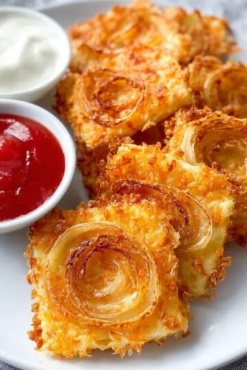 Golden baked Onion Ring Chips and cheese squares served on a white plate with small bowls of ketchup and sour cream, showing crispy onion rings on top