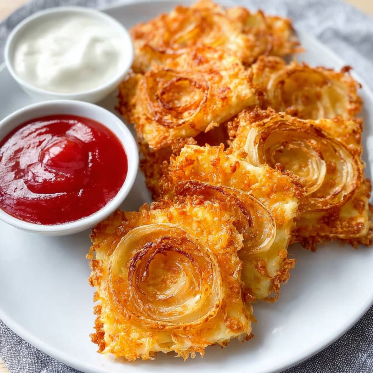 Golden baked Onion Ring Chips and cheese squares served on a white plate with small bowls of ketchup and sour cream, showing crispy onion rings on top