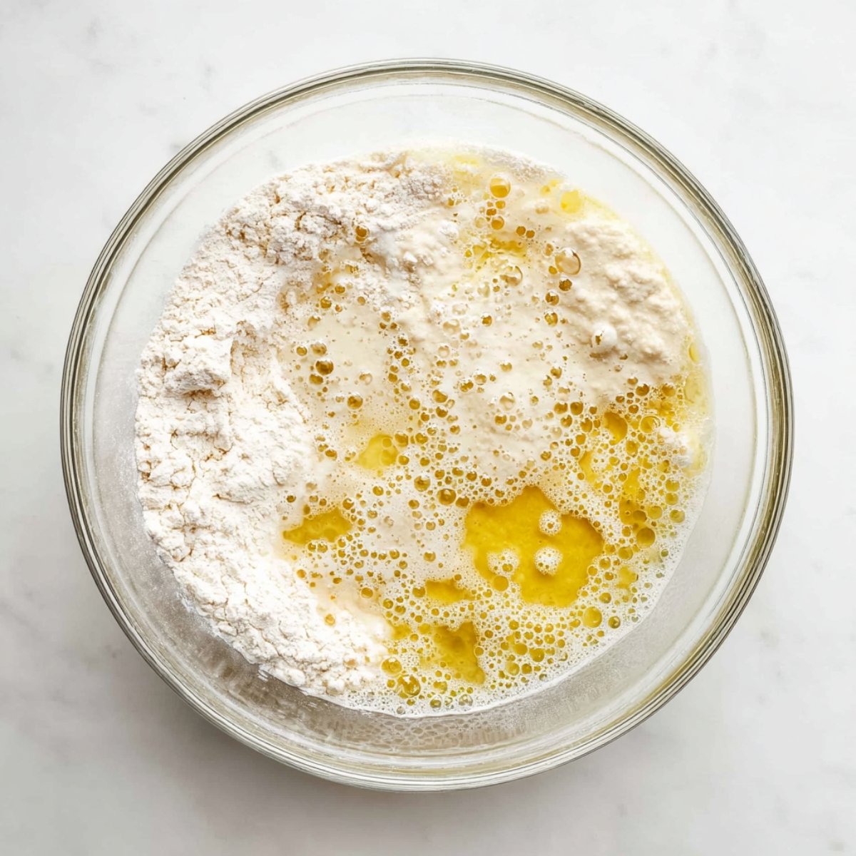 A glass mixing bowl containing flour, eggs, and melted butter, with ingredients not yet mixed.